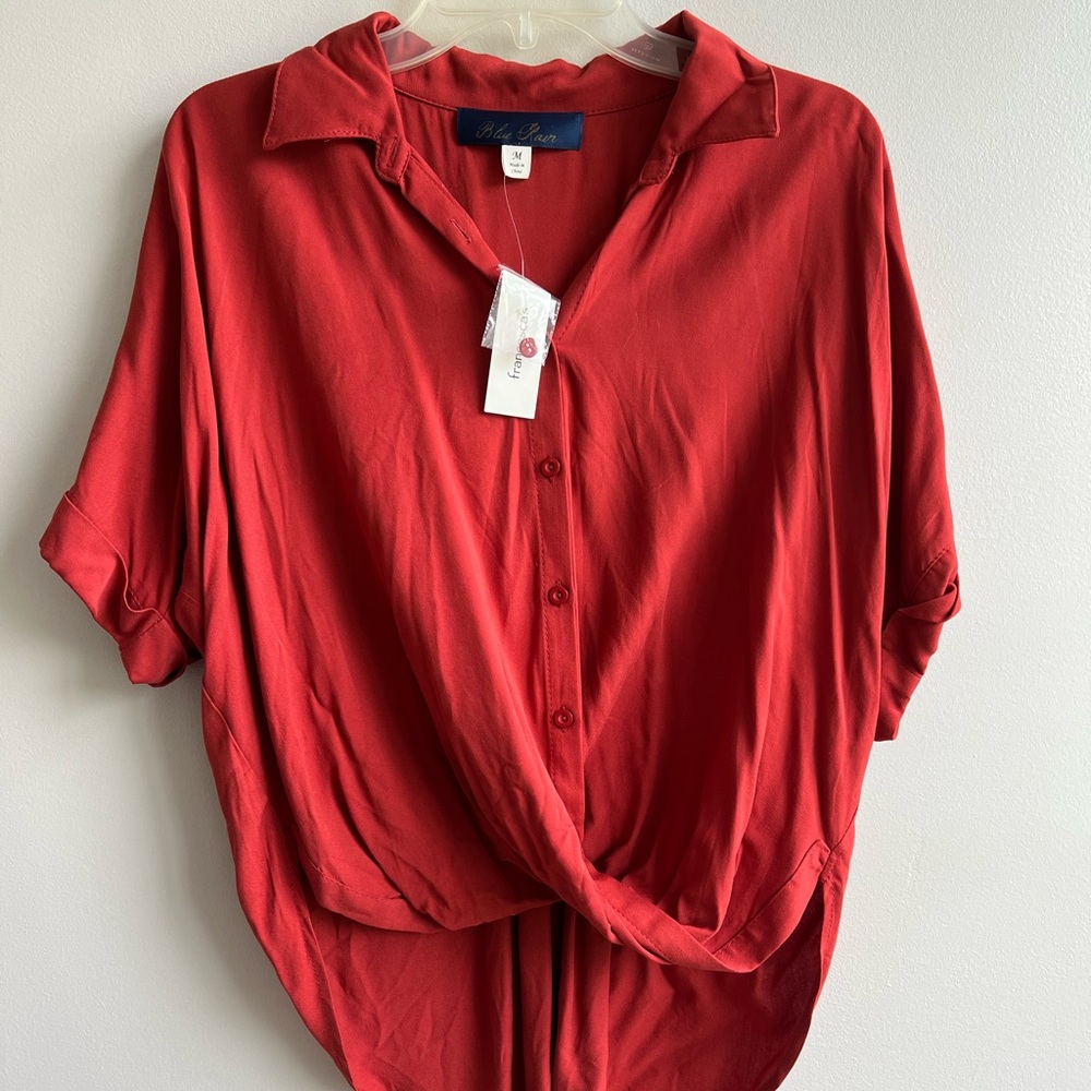 Burnt Orange/Red Collared Hi-lo Blouse